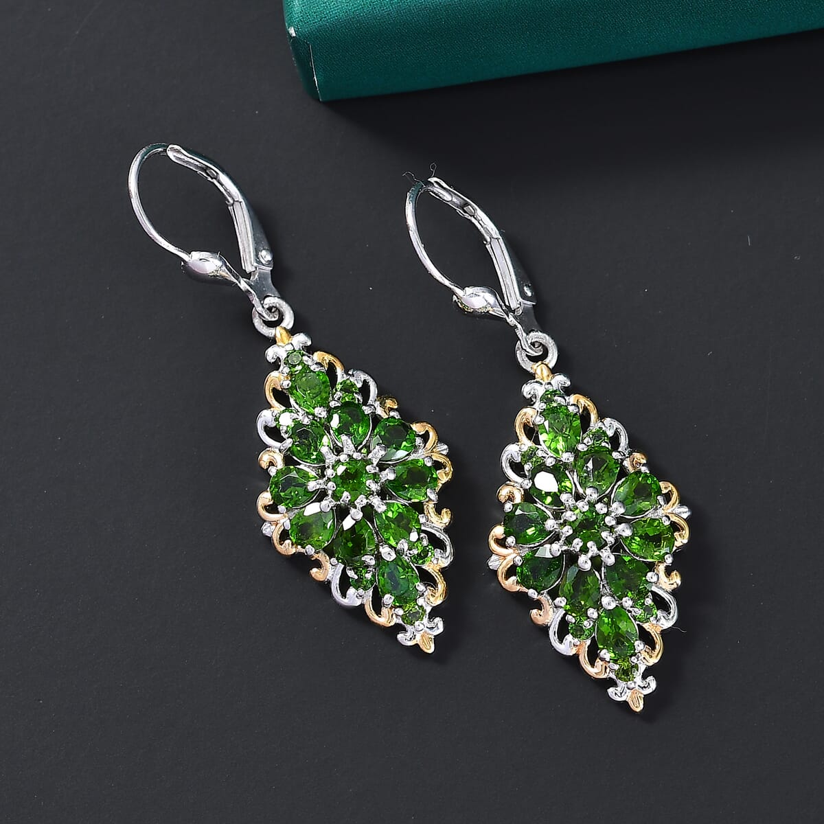 D'Joy Chrome Diopside 4.40 ctw Victorian Era Earrings in 18K Vermeil YG and Rhodium Over Sterling Silver image number 1