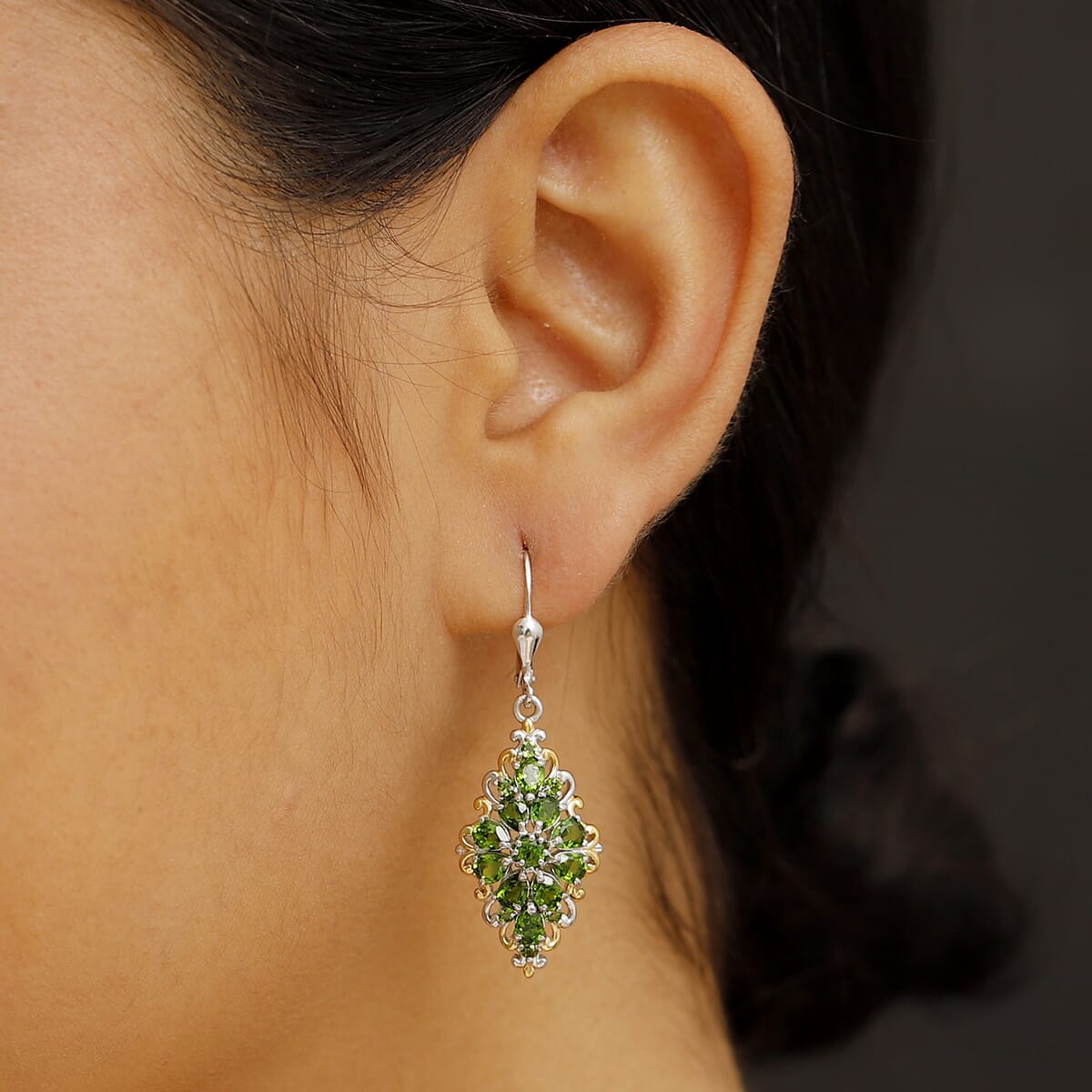 D'Joy Chrome Diopside 4.40 ctw Victorian Era Earrings in 18K Vermeil YG and Rhodium Over Sterling Silver image number 2
