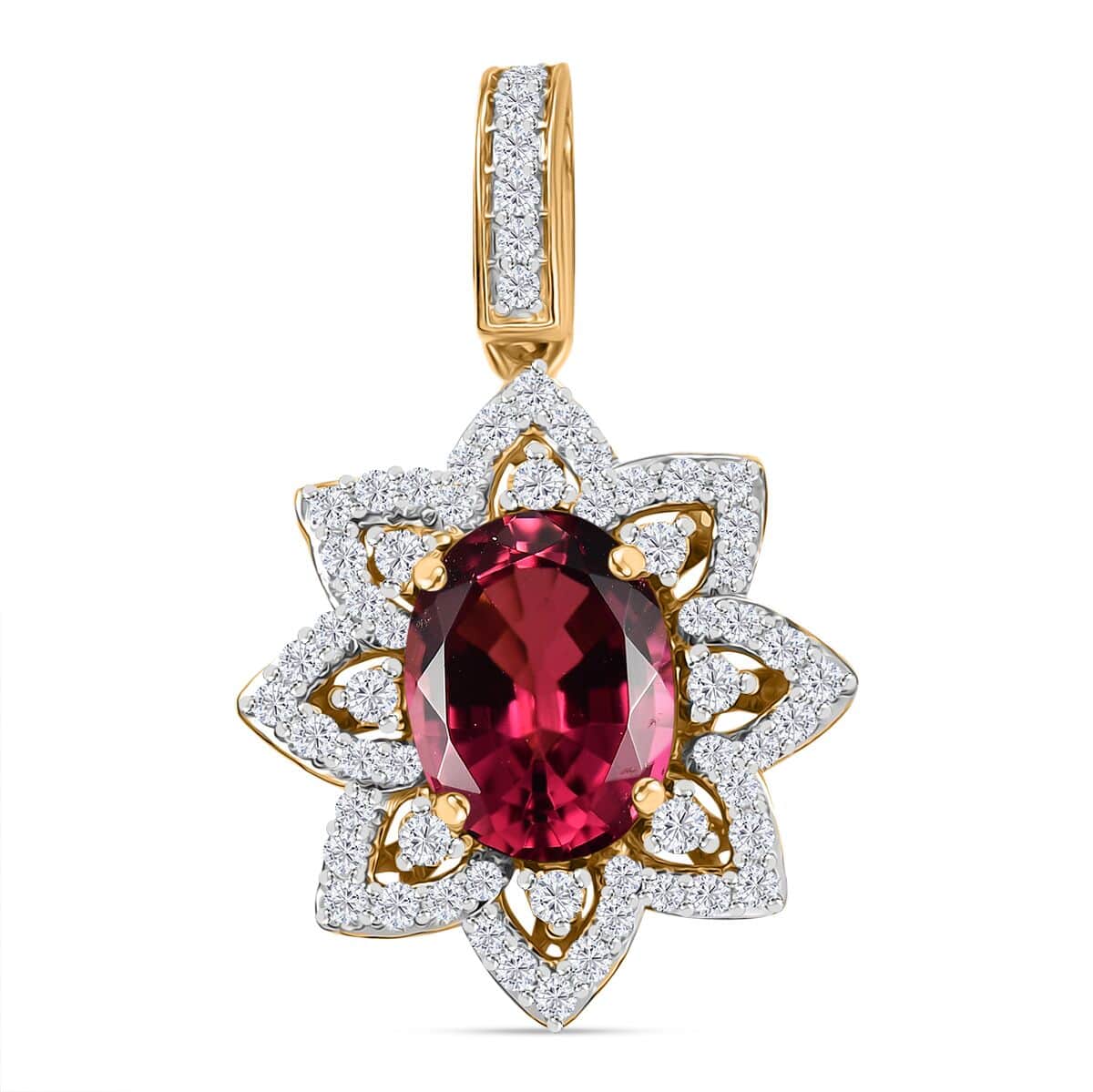 Certified & Appraised Luxoro AAAA Akwanga Rubellite and G-H I2 Diamond 2.73 ctw Floral Pendant in 14K Yellow Gold image number 0