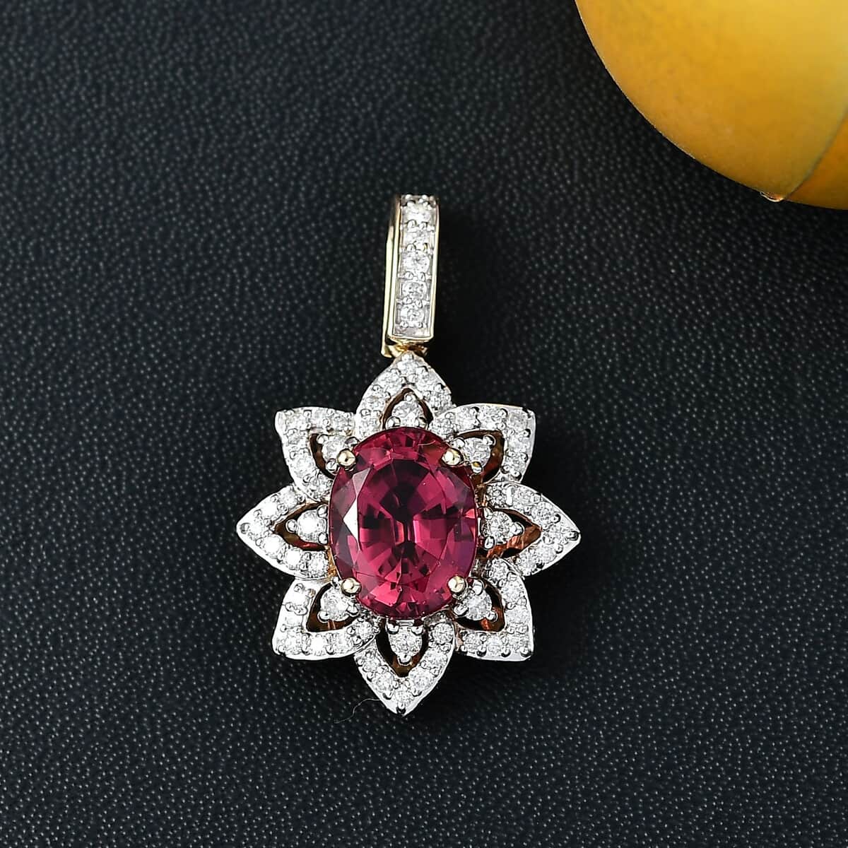 Certified & Appraised Luxoro AAAA Akwanga Rubellite and G-H I2 Diamond 2.73 ctw Floral Pendant in 14K Yellow Gold image number 1