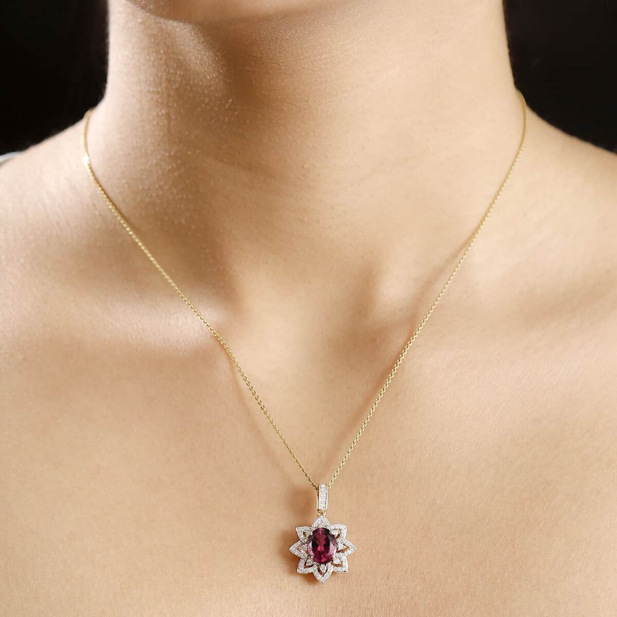 Certified & Appraised Luxoro AAAA Akwanga Rubellite and G-H I2 Diamond 2.73 ctw Floral Pendant in 14K Yellow Gold image number 2