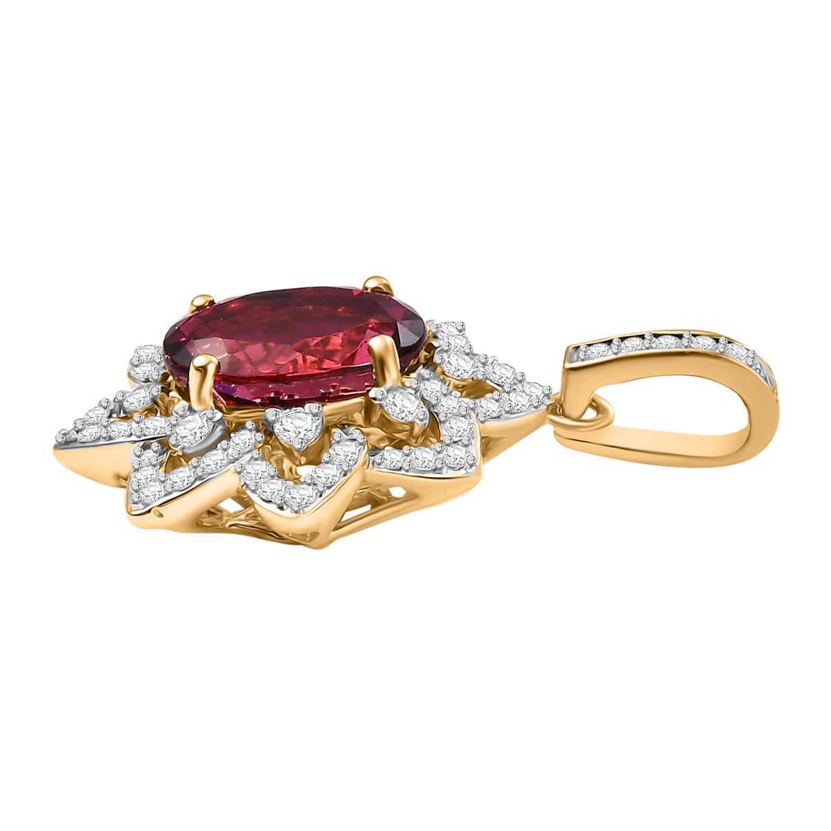 Certified & Appraised Luxoro AAAA Akwanga Rubellite and G-H I2 Diamond 2.73 ctw Floral Pendant in 14K Yellow Gold image number 3