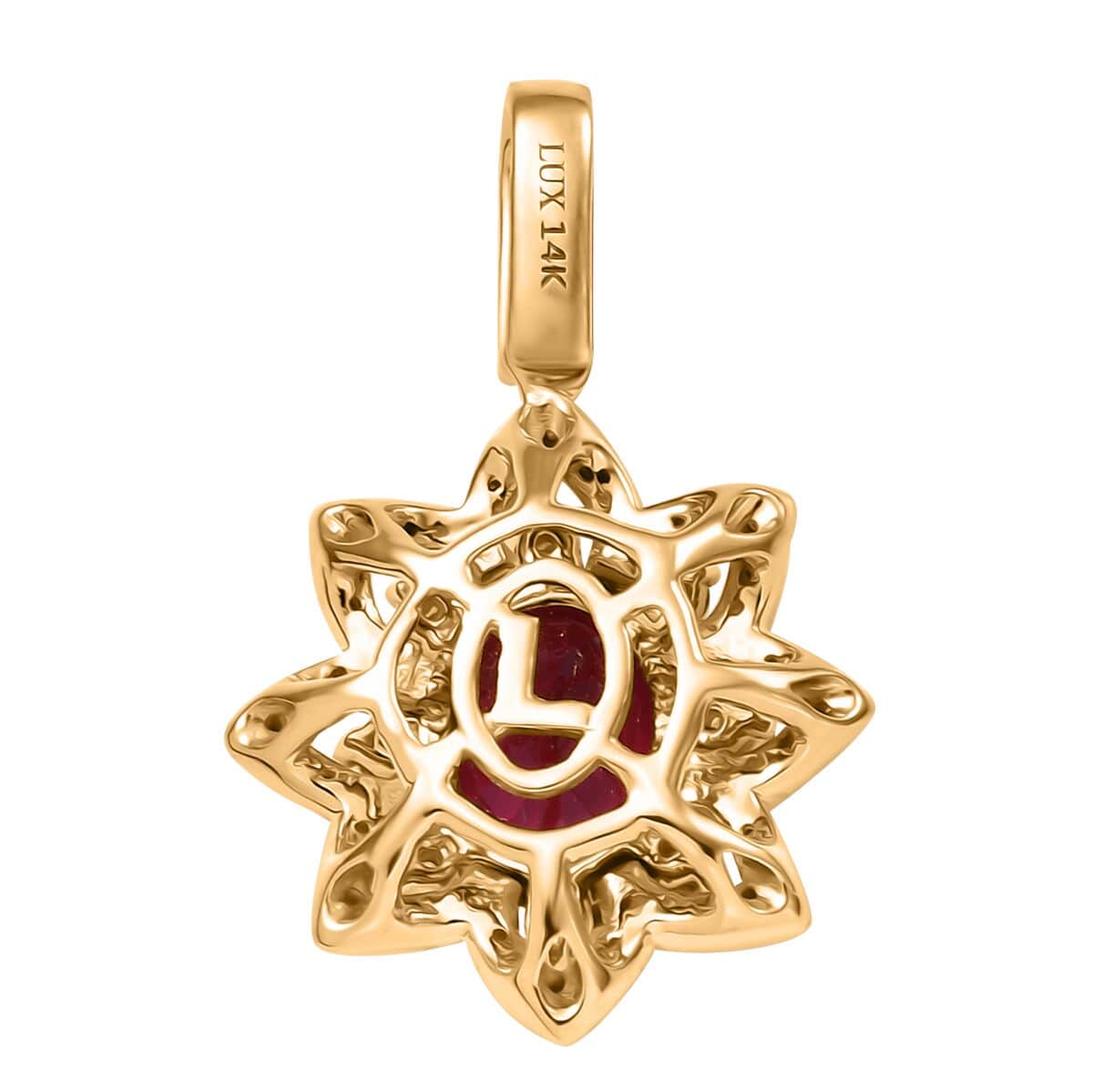 Certified & Appraised Luxoro AAAA Akwanga Rubellite and G-H I2 Diamond 2.73 ctw Floral Pendant in 14K Yellow Gold image number 4