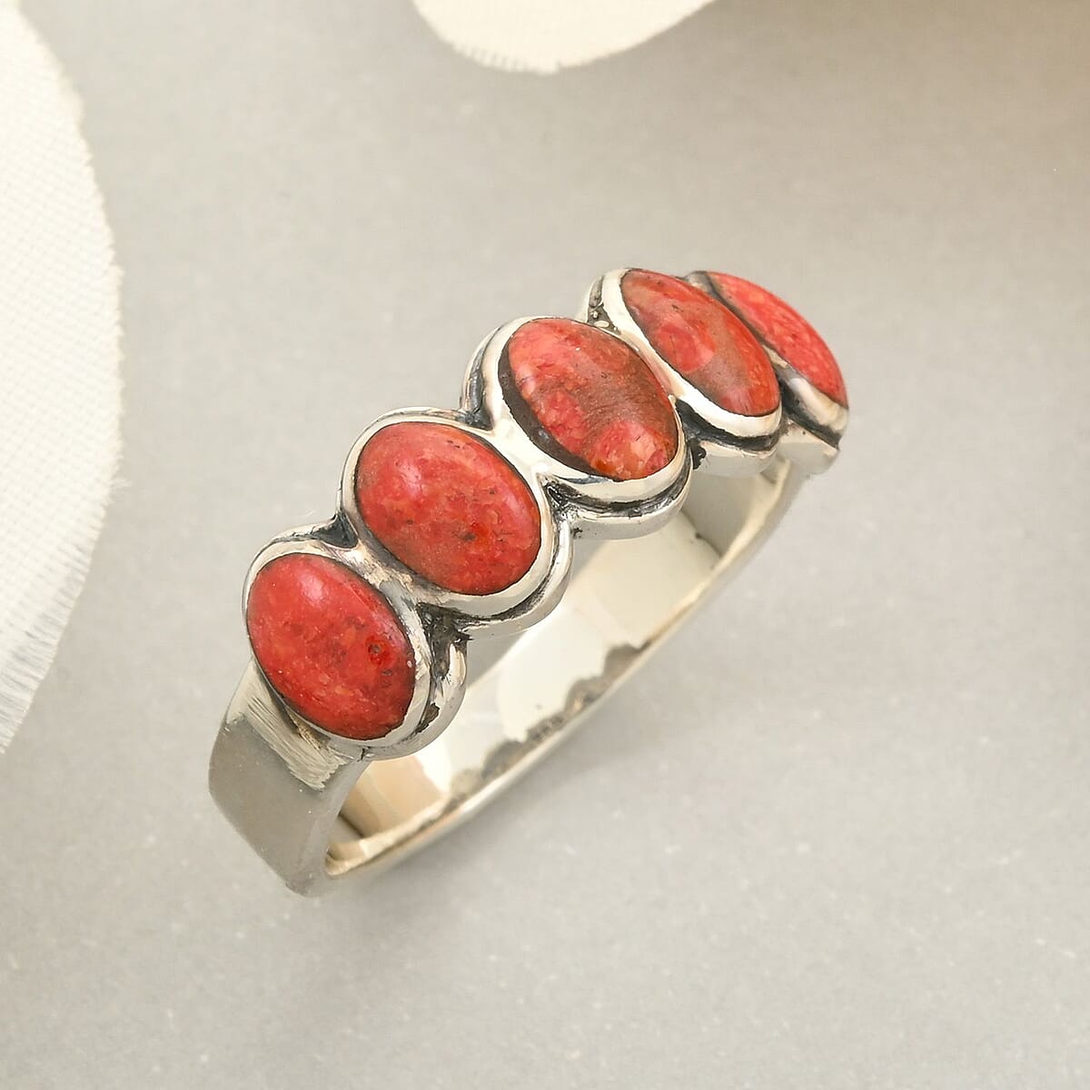 Santa Fe Style Red Coral Ring in Sterling Silver (Size 10.0) image number 1