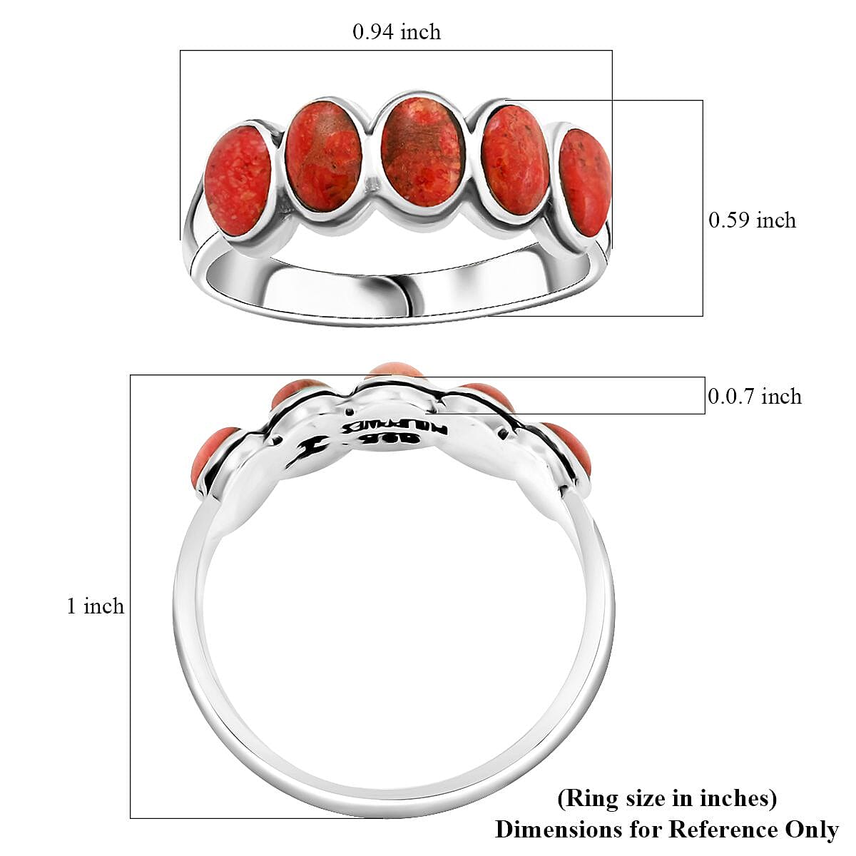 Santa Fe Style Red Coral Ring in Sterling Silver (Size 7.0) image number 4