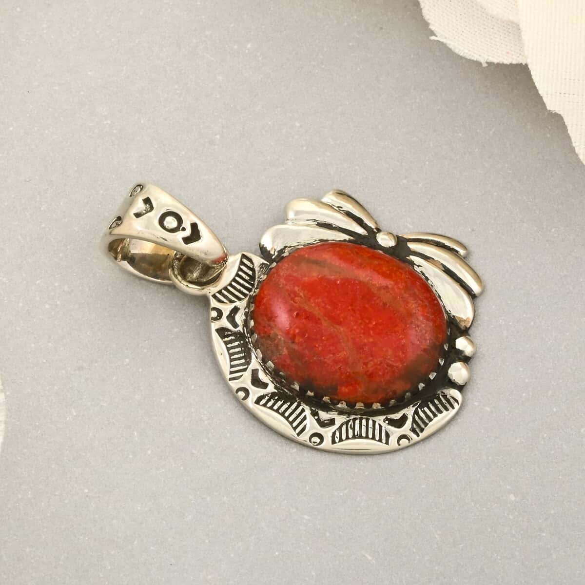 Santa Fe Style Red Coral Pendant in Sterling Silver image number 1