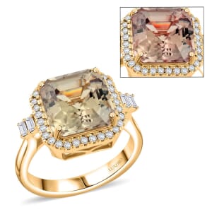 Certified & Appraised Luxoro AAA Turkizite and G-H I2 Diamond 5.96 ctw Halo Ring in 10K Yellow Gold (Size 7.5) 5.26 Grams
