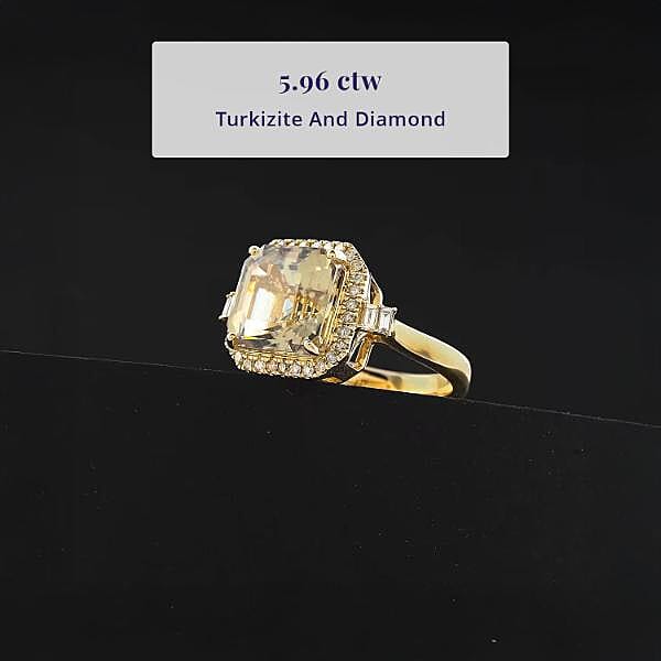 Certified & Appraised Luxoro AAA Turkizite and G-H I2 Diamond 5.96 ctw Halo Ring in 10K Yellow Gold (Size 9.0) 5.26 Grams