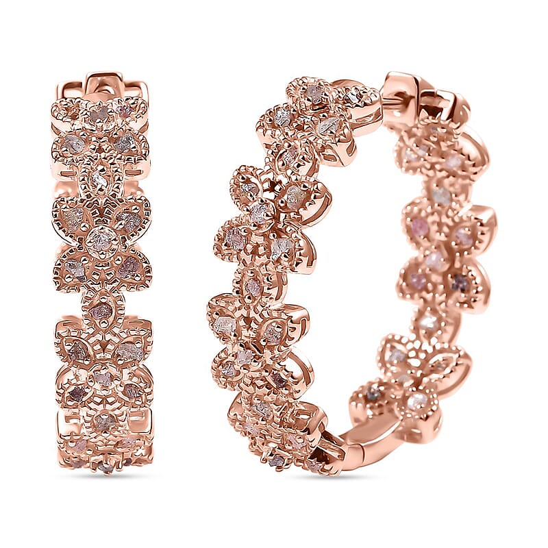 D'Joy Uncut Natural Pink Diamond 1.00 ctw Floral Hoop Earrings in 18K Vermeil Rose Gold Over Sterling Silver