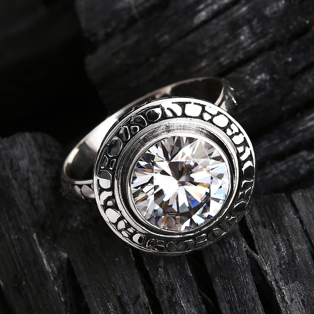Bali Legacy Moissanite 4.50 ctw Pebble Texture Ring in Sterling Silver (Size 6.0) image number 1