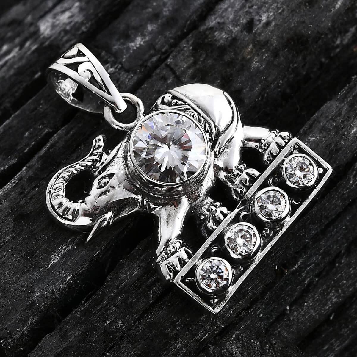 Bali Legacy Moissanite 1.50 ctw Elephent Pendant in Sterling Silver image number 1