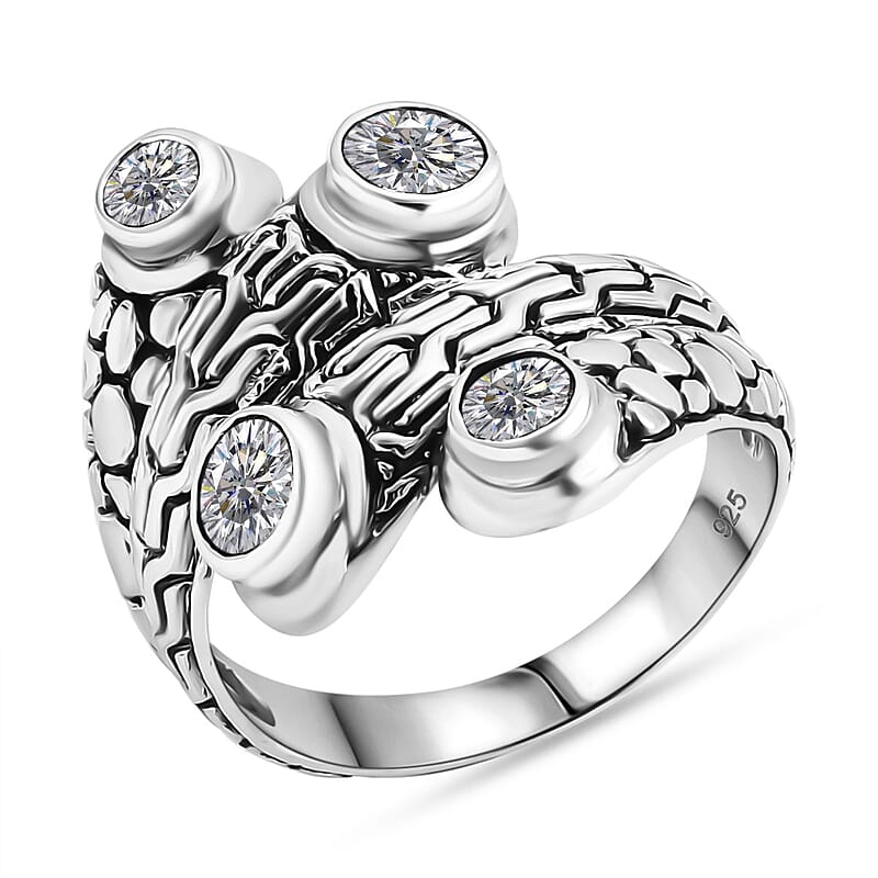 Bali Legacy Moissanite 1.35 ctw Tulang Naga with Pebble Bypass Ring in Sterling Silver (Size 10.0)