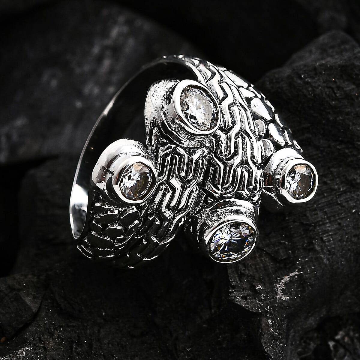 Bali Legacy Moissanite 1.35 ctw Tulang Naga with Pebble Bypass Ring in Sterling Silver (Size 7.0) image number 1