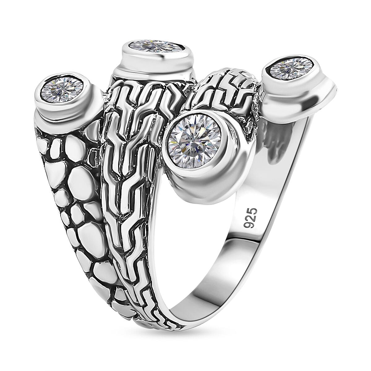 Bali Legacy Moissanite 1.35 ctw Tulang Naga with Pebble Bypass Ring in Sterling Silver (Size 7.0) image number 3