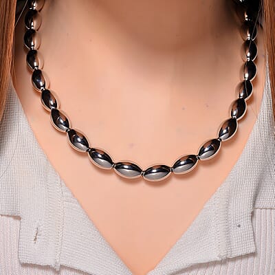 Oval Shape Beaded Necklace in Silvertone 18-20 Inches