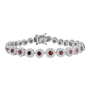 Premium Red Sapphire and Moissanite 5.70 ctw Floral Halo Bracelet in Rhodium Over Sterling Silver (6.50 In) (Del. in 10-12 Days)