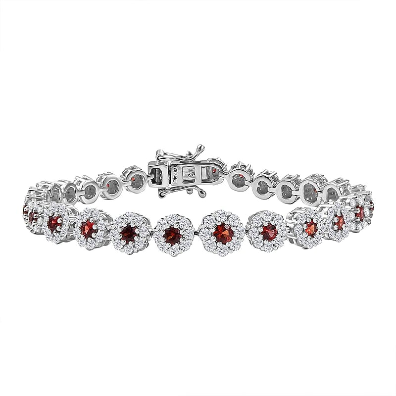 D'Joy Premium Red Sapphire and Moissanite 5.70 ctw Floral Halo Bracelet in Rhodium Over Sterling Silver (6.50 In)