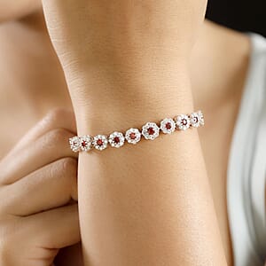 D'Joy Premium Red Sapphire and Moissanite 5.70 ctw Floral Halo Bracelet in Rhodium Over Sterling Silver (6.50 In)