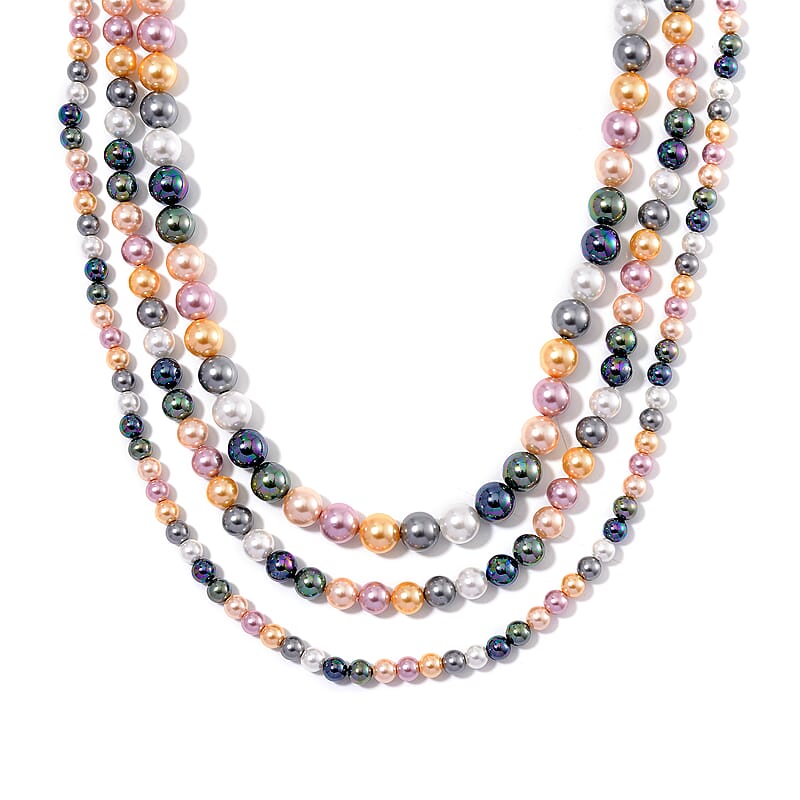 Multi Color Shell Pearl Three-Row Necklace 18 Inches in Stainless Steel