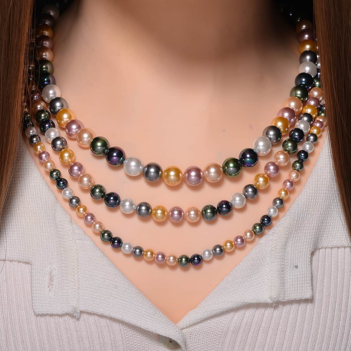 Multi Color Shell Pearl Three-Row Necklace 18 Inches in Stainless Steel image number 1