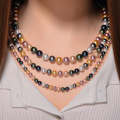 Multi Color Shell Pearl Three-Row Necklace 18 Inches in Stainless Steel