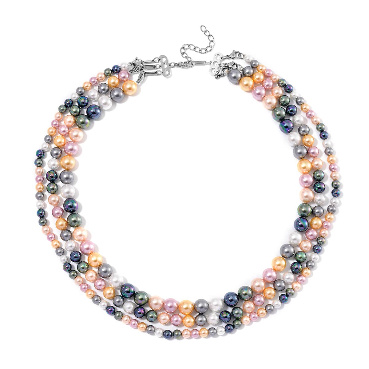 Multi Color Shell Pearl Three-Row Necklace 18 Inches in Stainless Steel image number 2