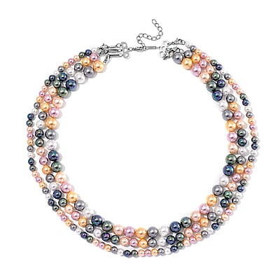 Multi Color Shell Pearl Three-Row Necklace 18 Inches in Stainless Steel