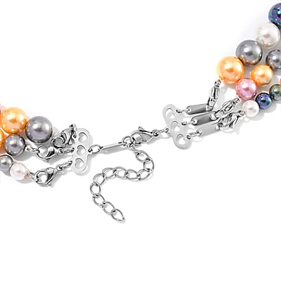 Multi Color Shell Pearl Three-Row Necklace 18 Inches in Stainless Steel