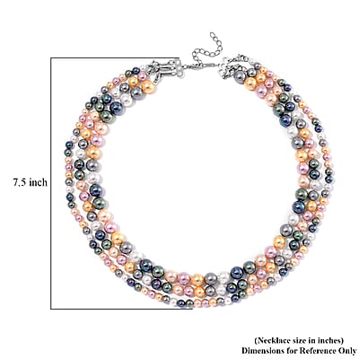 Multi Color Shell Pearl Three-Row Necklace 18 Inches in Stainless Steel