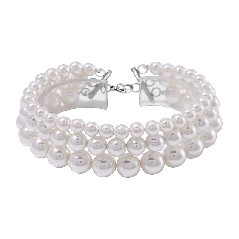 White Shell Pearl Three-Row Beaded Bracelet in Stainless Steel (7.50 In)