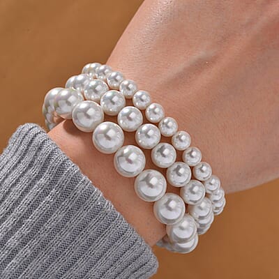 White Shell Pearl Three-Row Beaded Bracelet in Stainless Steel (7.50 In)