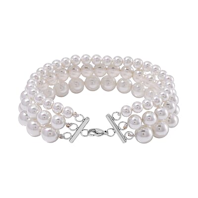 White Shell Pearl Three-Row Beaded Bracelet in Stainless Steel (7.50 In)