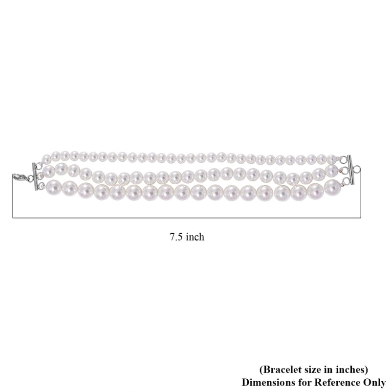 White Shell Pearl Three-Row Beaded Bracelet in Stainless Steel (7.50 In)