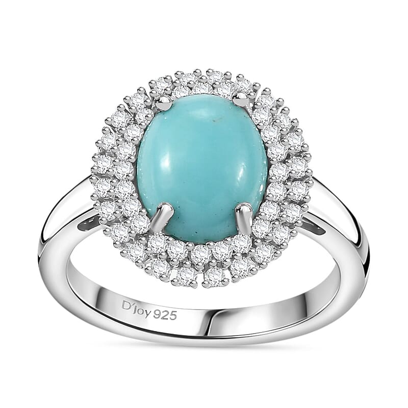 D'Joy Sleeping Beauty Turquoise and Moissanite 2.80 ctw Double Halo Ring in Rhodium Over Sterling Silver (Size 10.0) (Del. in 10-12 Days)