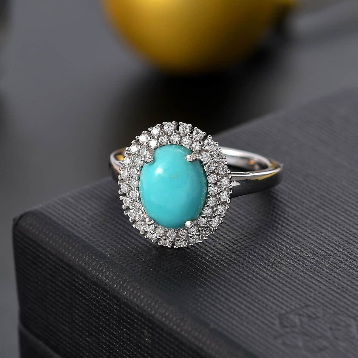 Sleeping Beauty Turquoise and Moissanite 2.80 ctw Double Halo Ring in Rhodium Over Sterling Silver (Size 10.0) (Del. in 10-12 Days) image number 1