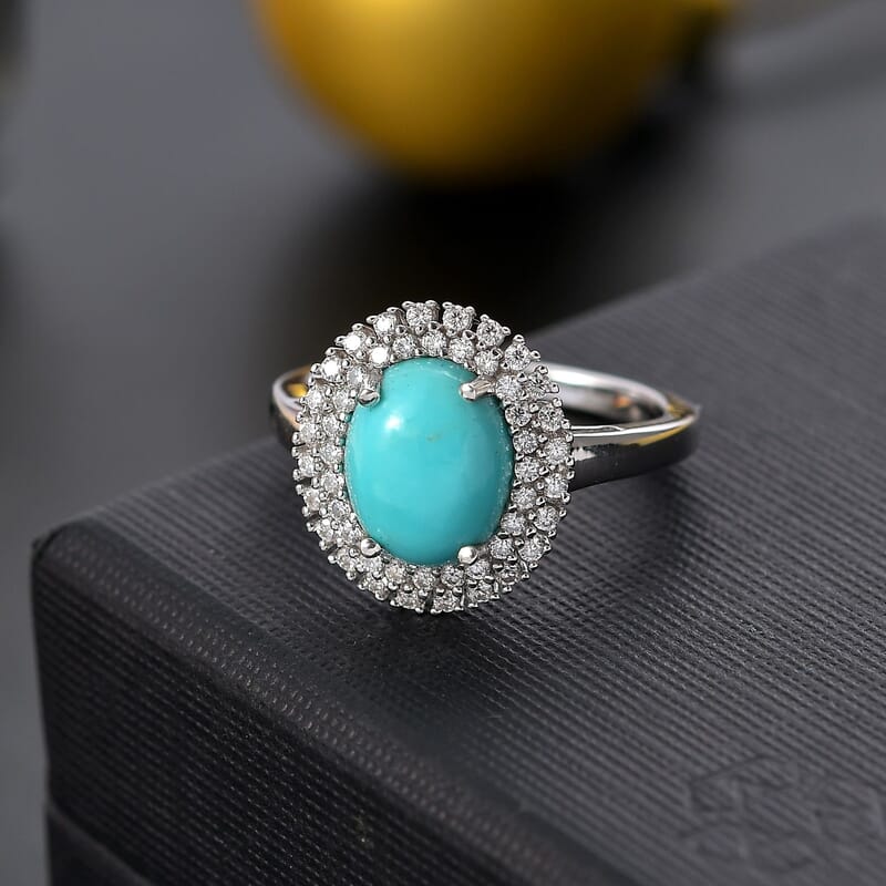 D'Joy Sleeping Beauty Turquoise and Moissanite 2.80 ctw Double Halo Ring in Rhodium Over Sterling Silver (Size 10.0) (Del. in 10-12 Days)