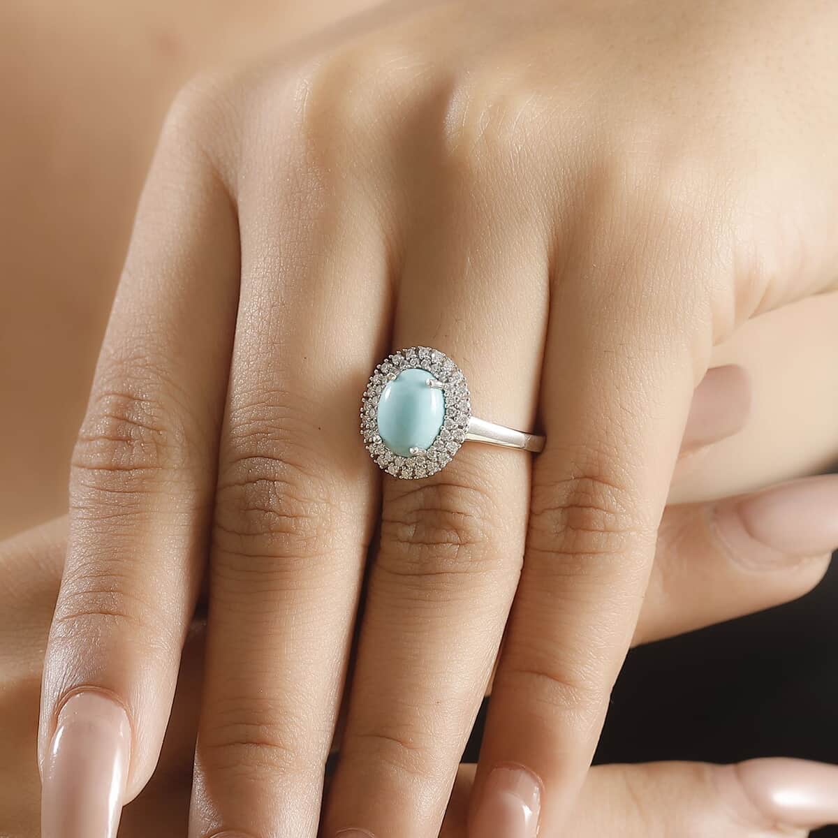 Sleeping Beauty Turquoise and Moissanite 2.80 ctw Double Halo Ring in Rhodium Over Sterling Silver (Size 10.0) (Del. in 10-12 Days) image number 2