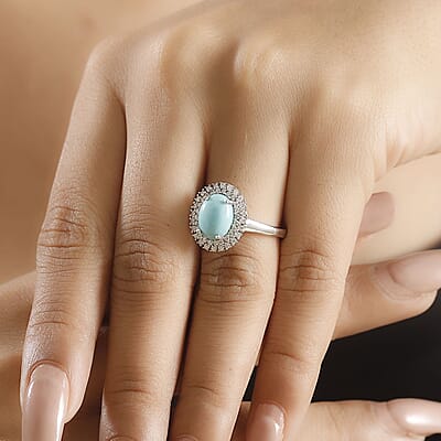 D'Joy Sleeping Beauty Turquoise and Moissanite 2.80 ctw Double Halo Ring in Rhodium Over Sterling Silver (Size 10.0) (Del. in 10-12 Days)
