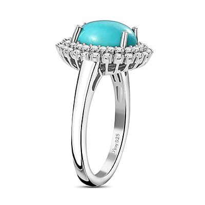 D'Joy Sleeping Beauty Turquoise and Moissanite 2.80 ctw Double Halo Ring in Rhodium Over Sterling Silver (Size 10.0) (Del. in 10-12 Days)