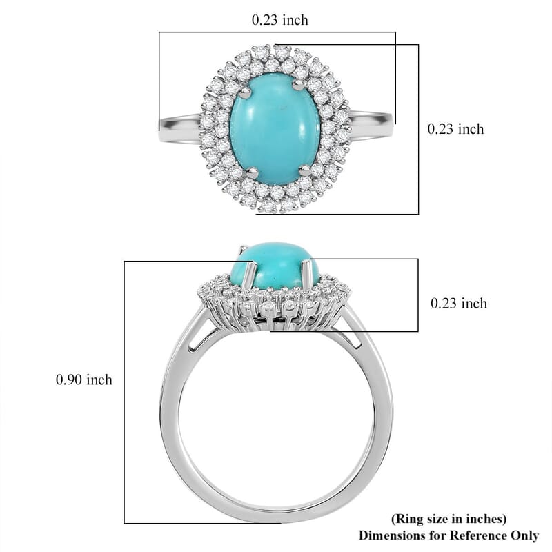 D'Joy Sleeping Beauty Turquoise and Moissanite 2.80 ctw Double Halo Ring in Rhodium Over Sterling Silver (Size 10.0) (Del. in 10-12 Days)