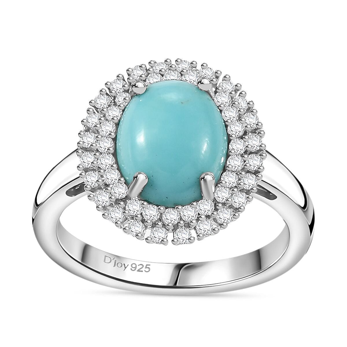 D'Joy Sleeping Beauty Turquoise and Moissanite 2.80 ctw Double Halo Ring in Rhodium Over Sterling Silver (Size 7.0) (Del. in 10-12 Days) image number 0