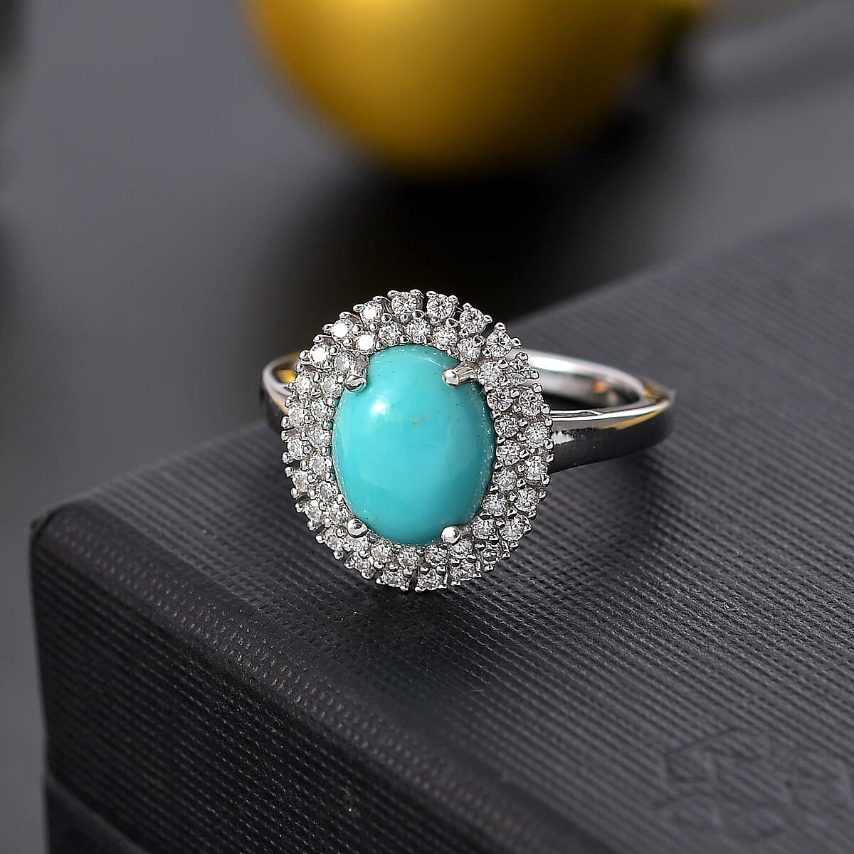 D'Joy Sleeping Beauty Turquoise and Moissanite 2.80 ctw Double Halo Ring in Rhodium Over Sterling Silver (Size 7.0) (Del. in 10-12 Days) image number 1