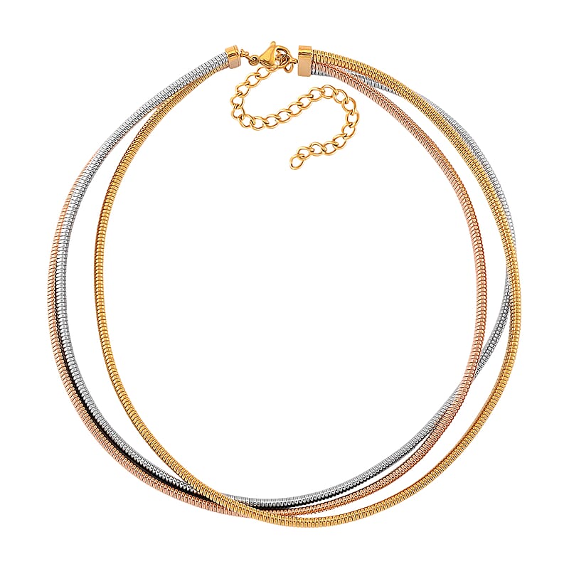 Triple Strand Choker Necklace in ION Plated YRG and Stainless Steel 16-20 Inches
