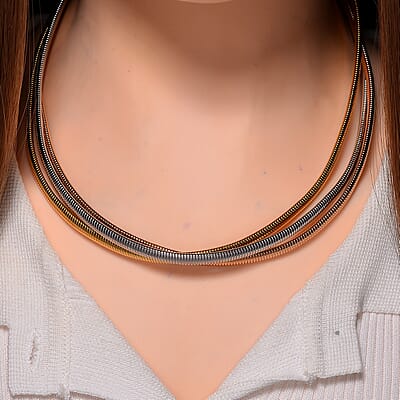 Triple Strand Choker Necklace in ION Plated YRG and Stainless Steel 16-20 Inches