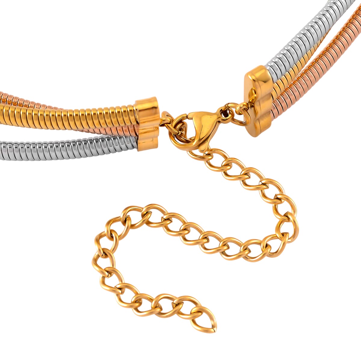 Triple Strand Choker Necklace in ION Plated YRG and Stainless Steel 16-20 Inches image number 3