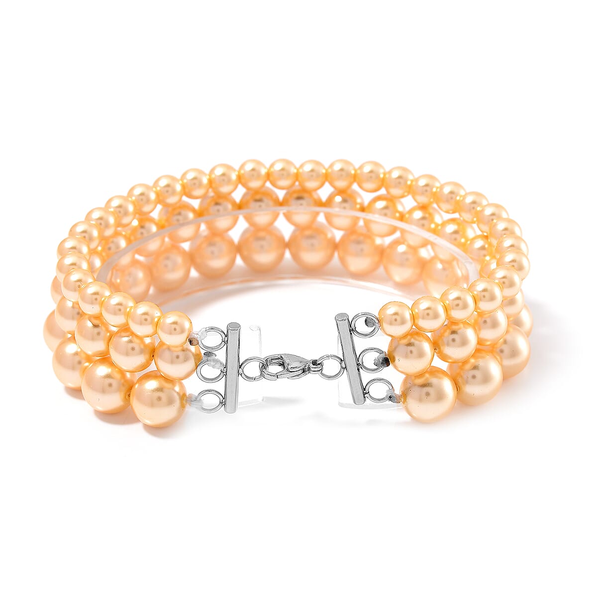 Golden Color Shell Pearl Three-Row Bracelet in Stainless Steel (7.50 In) image number 2