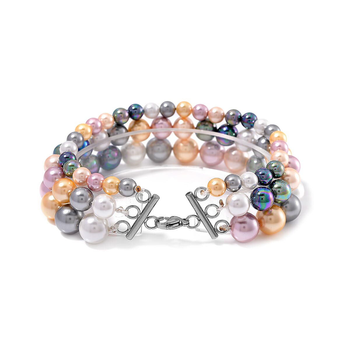 Multi Color Shell Pearl Three-Row Bracelet in Stainless Steel (7.50 In) image number 2