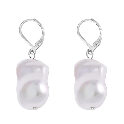White Shell Pearl Lever Back Earrings in Stainless Steel