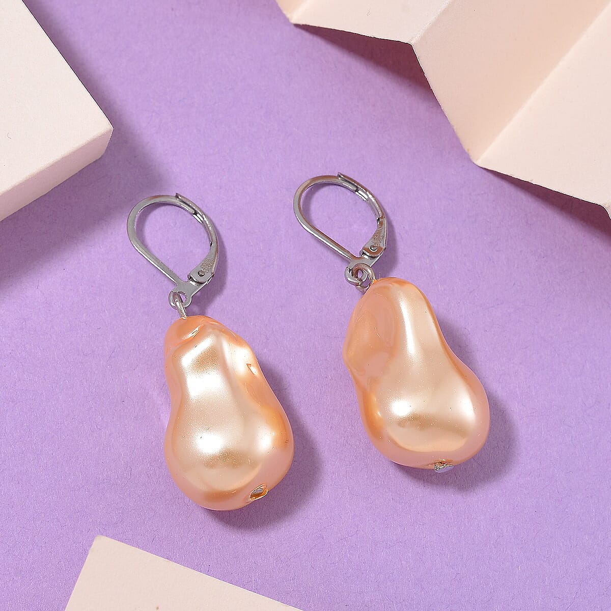 Golden Shell Pearl Lever Back Earrings in Stainless Steel image number 1