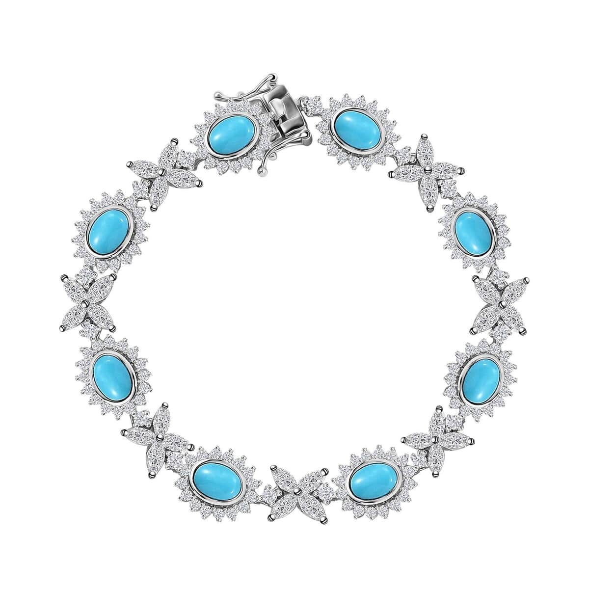 Sleeping Beauty Turquoise and White Zircon 16.80 ctw Sunburst Halo Bracelet in Rhodium Over Sterling Silver (7.25 In) image number 0